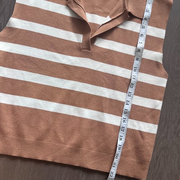 Maeve (Anthropologie) Beige & White Striped Sweater Vest with Open Collar - Picture 6 of 10